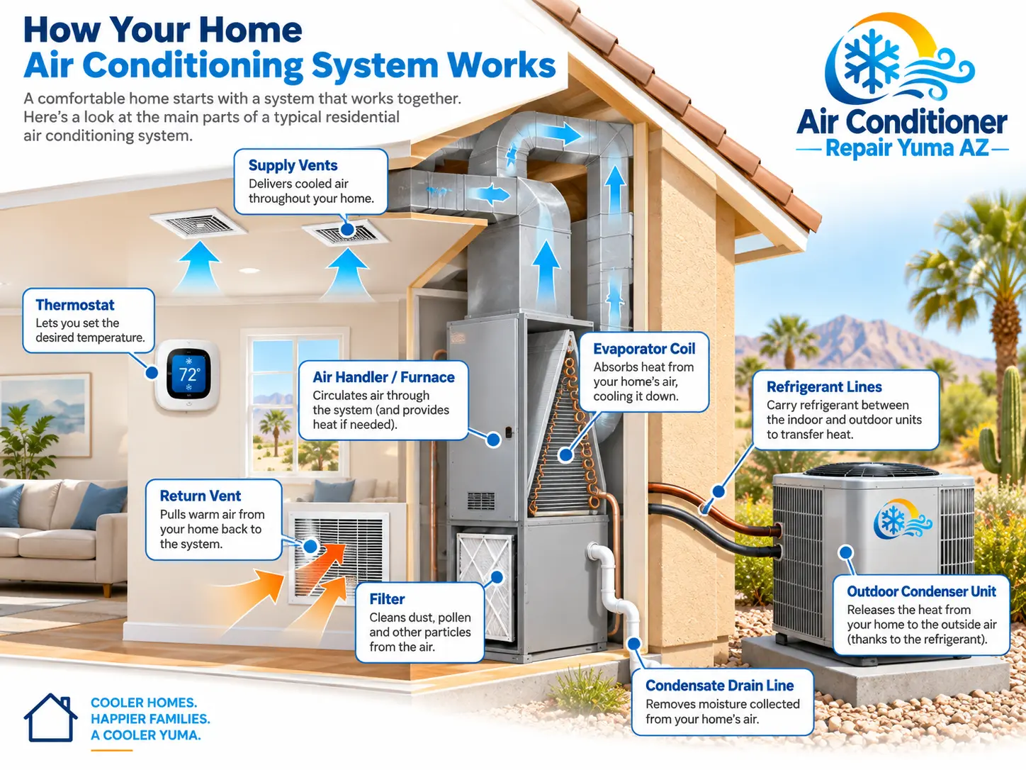 Diagram showing how a home air conditioning system works, including thermostat, filter, air handler, coils and outdoor condenser