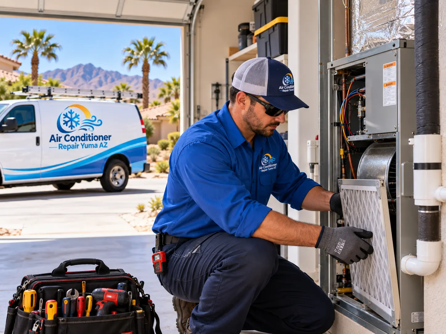 Technician servicing an indoor air handler and filter assembly at a Yuma residence
