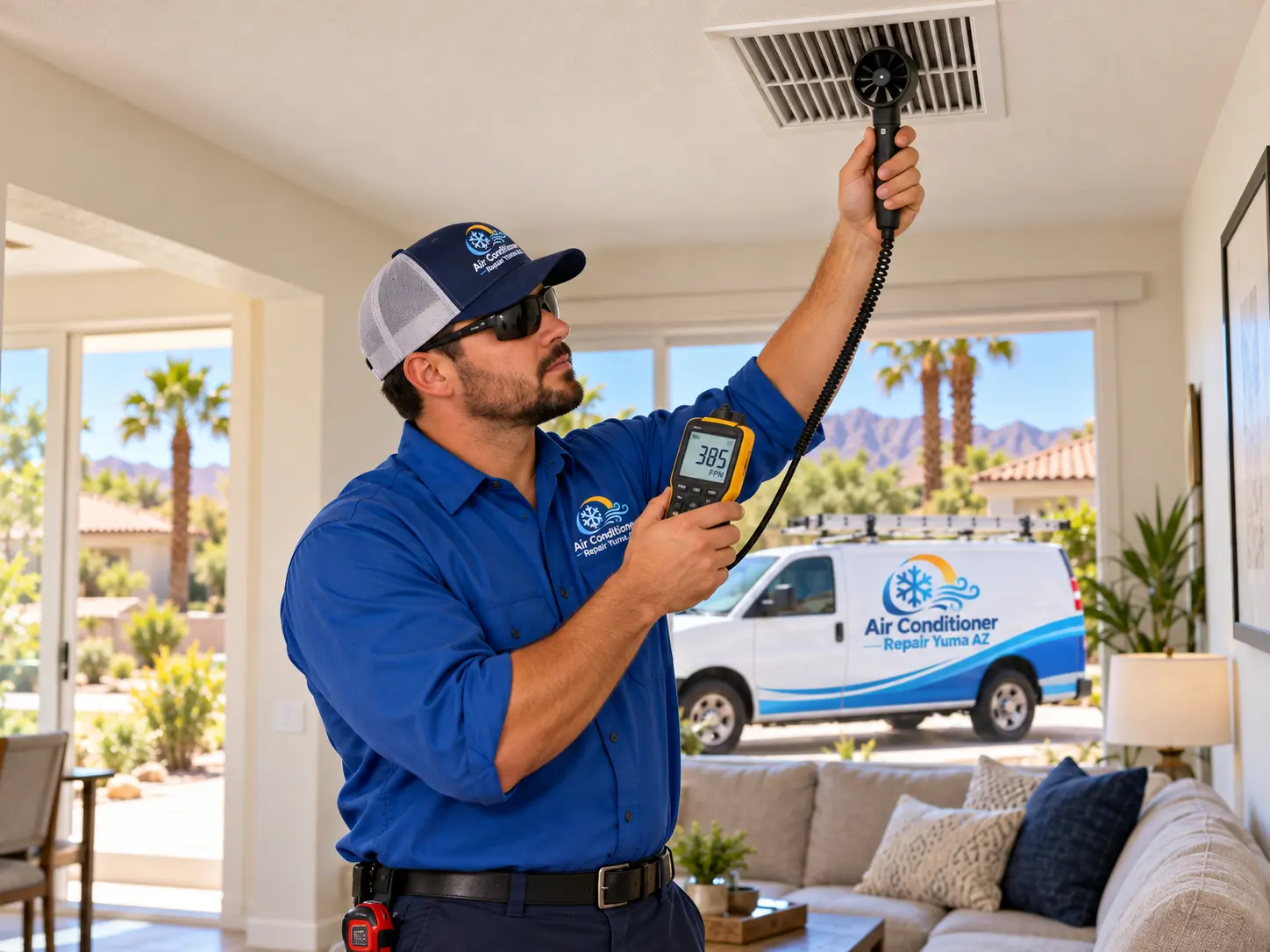 Residential HVAC airflow testing at a ceiling supply vent inside a Yuma Arizona home