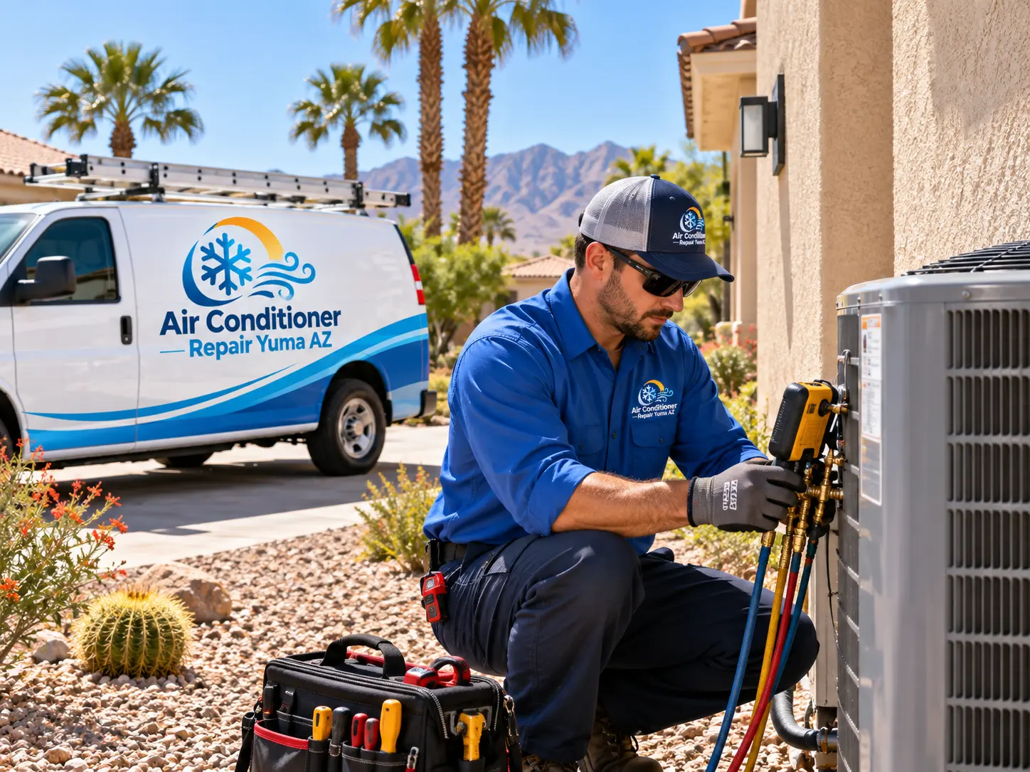 Technician checking an outdoor AC condenser with gauges at a Yuma home