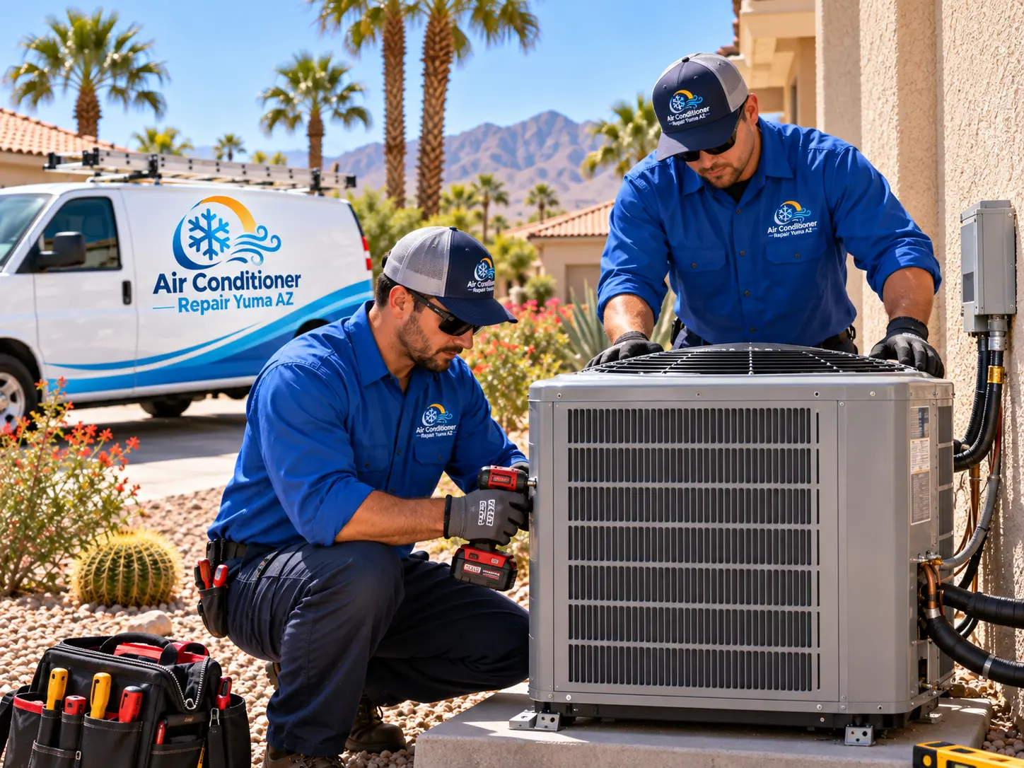 Two service technicians working on a residential air conditioner replacement at a Yuma home